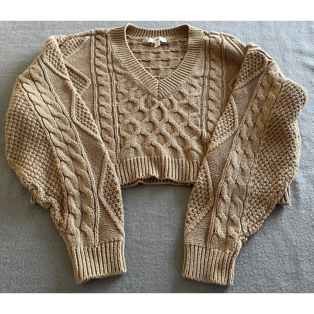 BP Nordstrom Tan Cable‎ Knit Cropped V-Neck Sweater Small Camel Brown